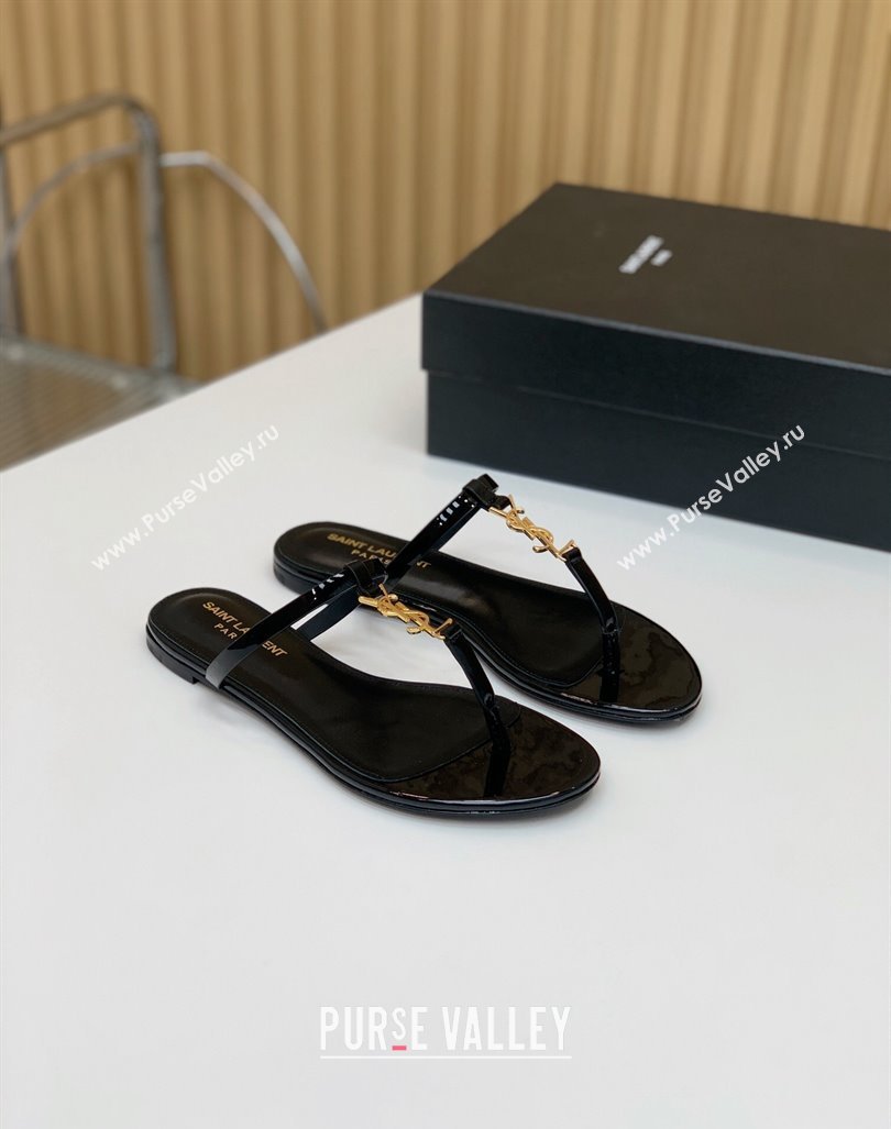 Saint Laurent cassandra slides in patent leather 776081 Black/Gold 2024 (kaola-24032114)