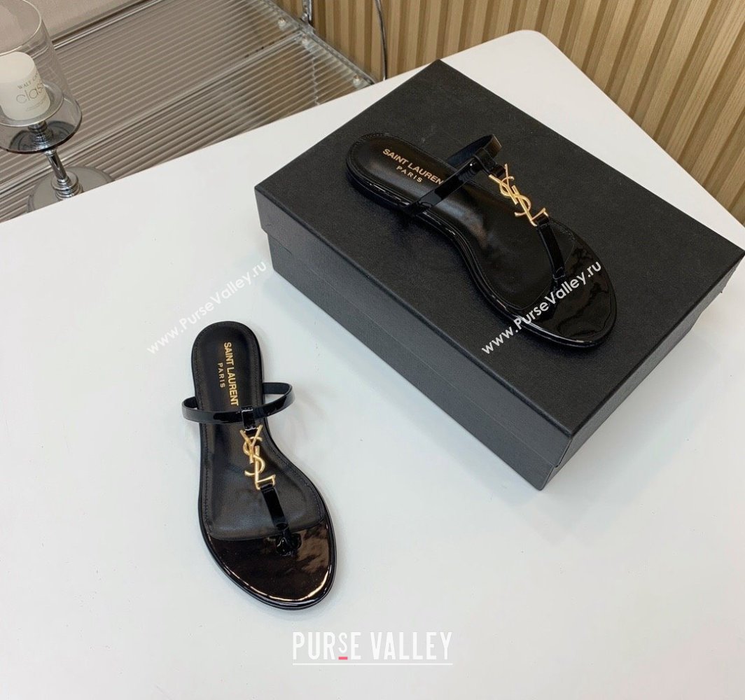 Saint Laurent cassandra slides in patent leather 776081 Black/Gold 2024 (kaola-24032114)