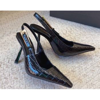 Saint Laurent Heel 11cm lee slingback pumps in crocodile-embossed leather 763421 Black 2024 (modeng-24032145)