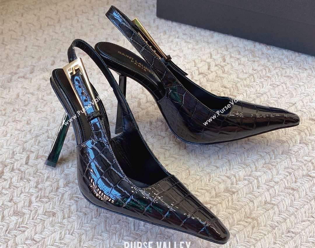 Saint Laurent Heel 11cm lee slingback pumps in crocodile-embossed leather 763421 Black 2024 (modeng-24032145)