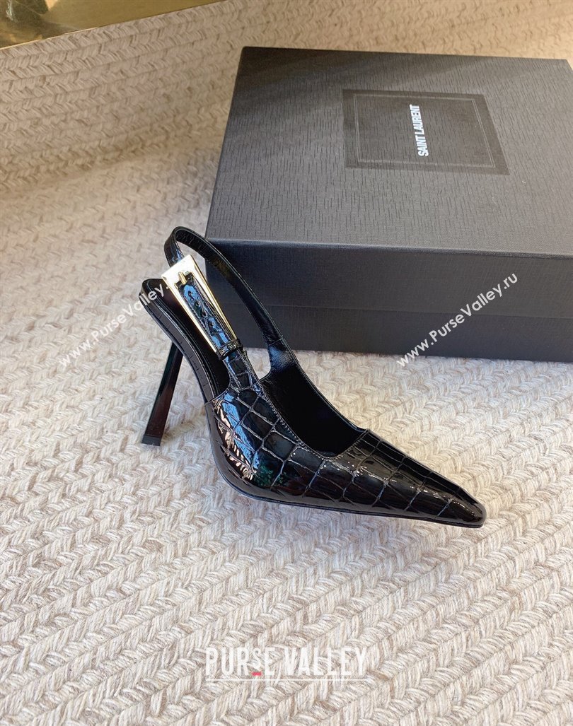 Saint Laurent Heel 11cm lee slingback pumps in crocodile-embossed leather 763421 Black 2024 (modeng-24032145)