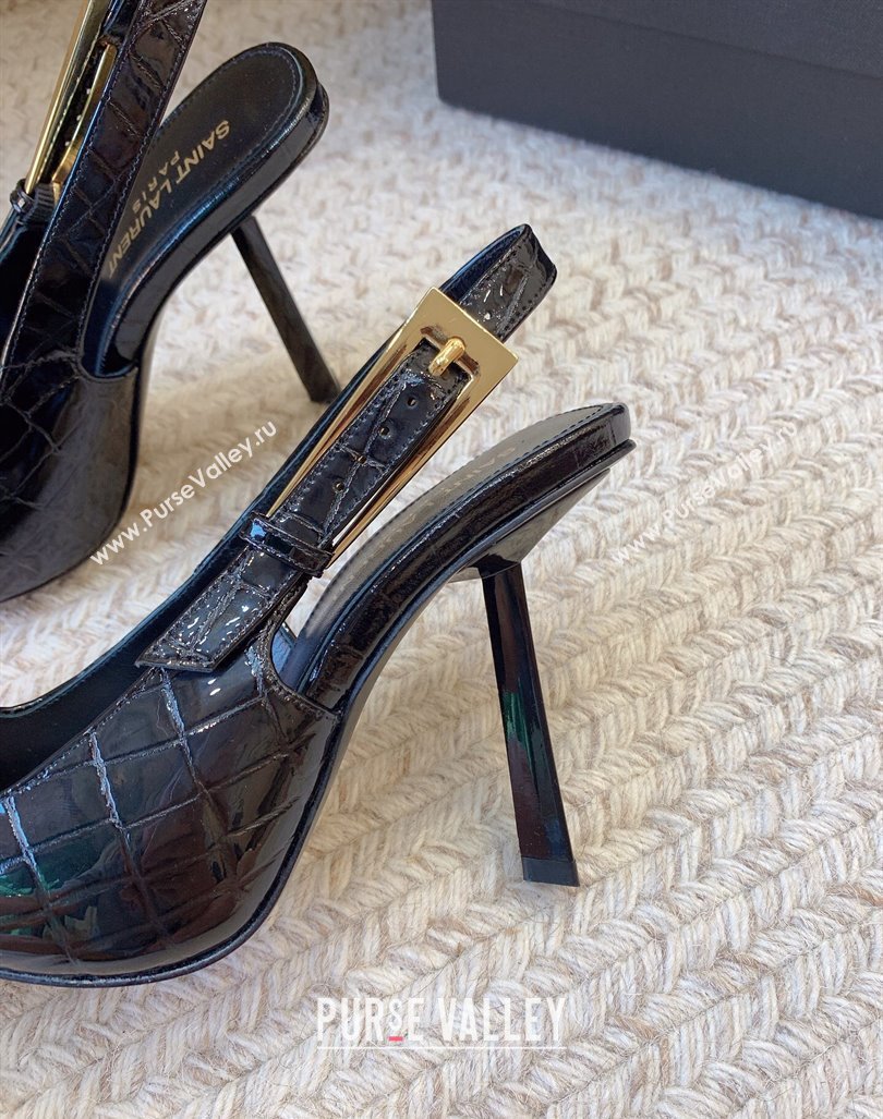 Saint Laurent Heel 11cm lee slingback pumps in crocodile-embossed leather 763421 Black 2024 (modeng-24032145)