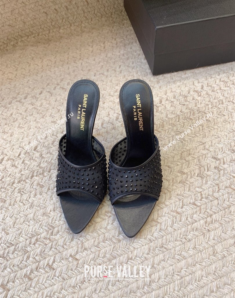 Saint Laurent Heel 11cm blonde mules in rhinestones mesh 742450 black 2024 (modeng-24032132)