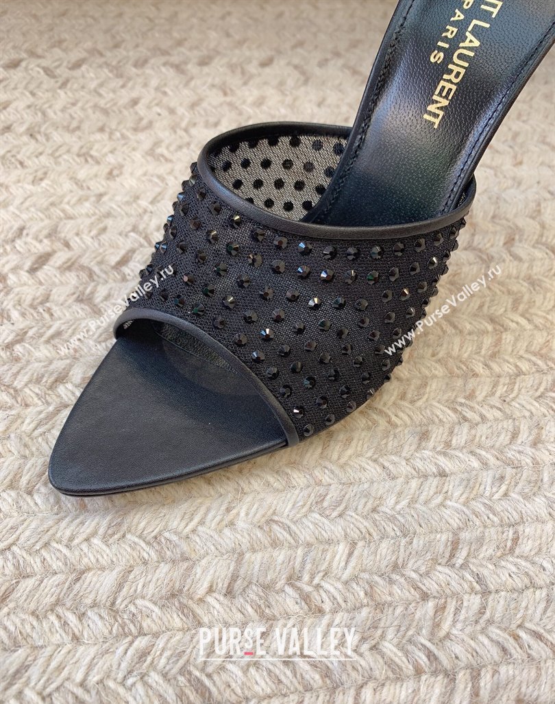 Saint Laurent Heel 11cm blonde mules in rhinestones mesh 742450 black 2024 (modeng-24032132)