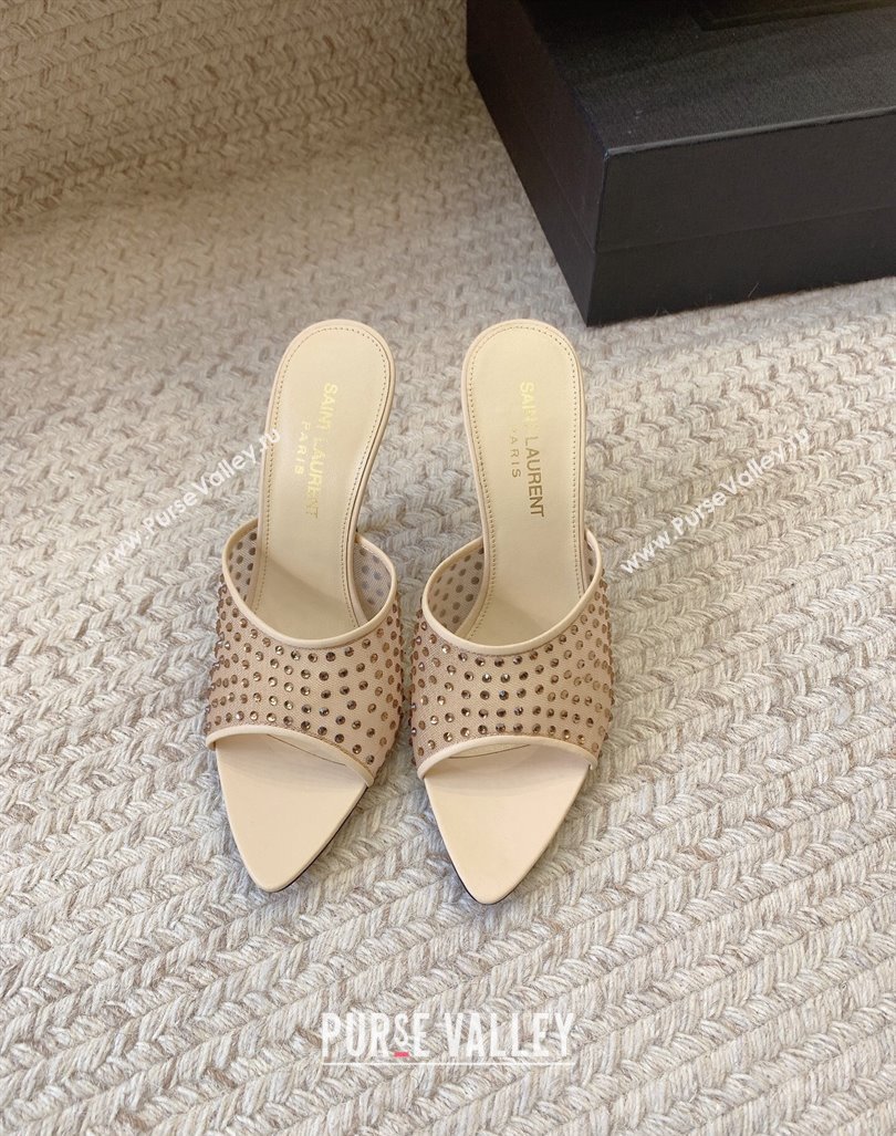 Saint Laurent Heel 11cm blonde mules in rhinestones mesh 742450 beige 2024 (modeng-24032133)