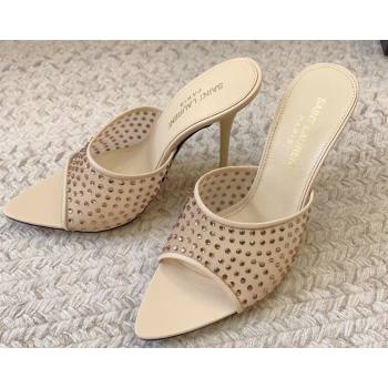 Saint Laurent Heel 11cm blonde mules in rhinestones mesh 742450 beige 2024 (modeng-24032133)