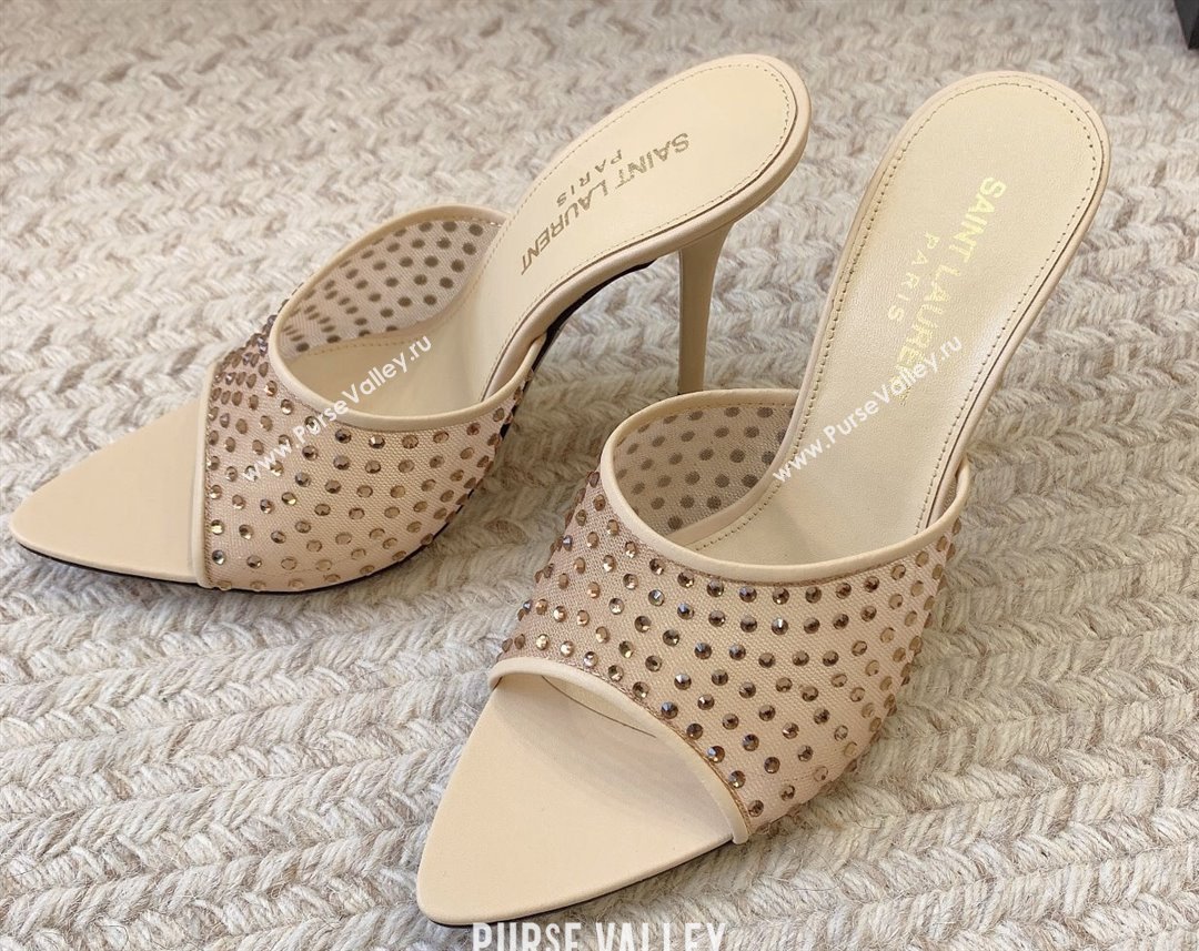 Saint Laurent Heel 11cm blonde mules in rhinestones mesh 742450 beige 2024 (modeng-24032133)