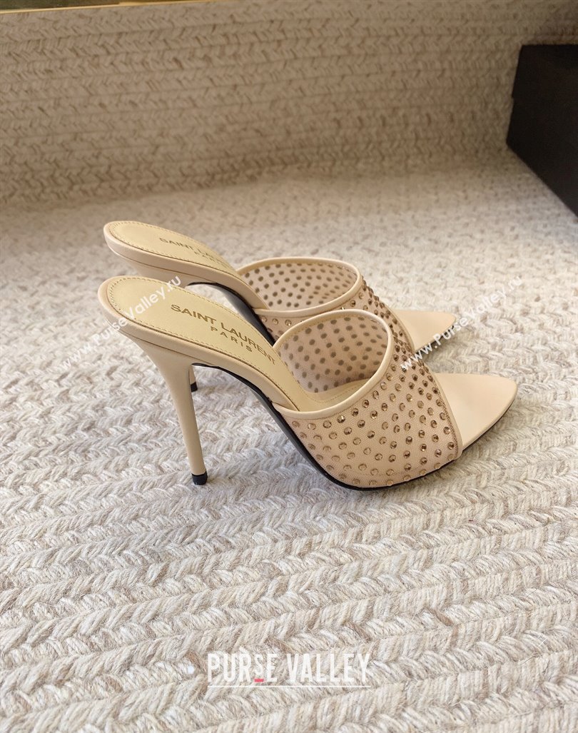 Saint Laurent Heel 11cm blonde mules in rhinestones mesh 742450 beige 2024 (modeng-24032133)