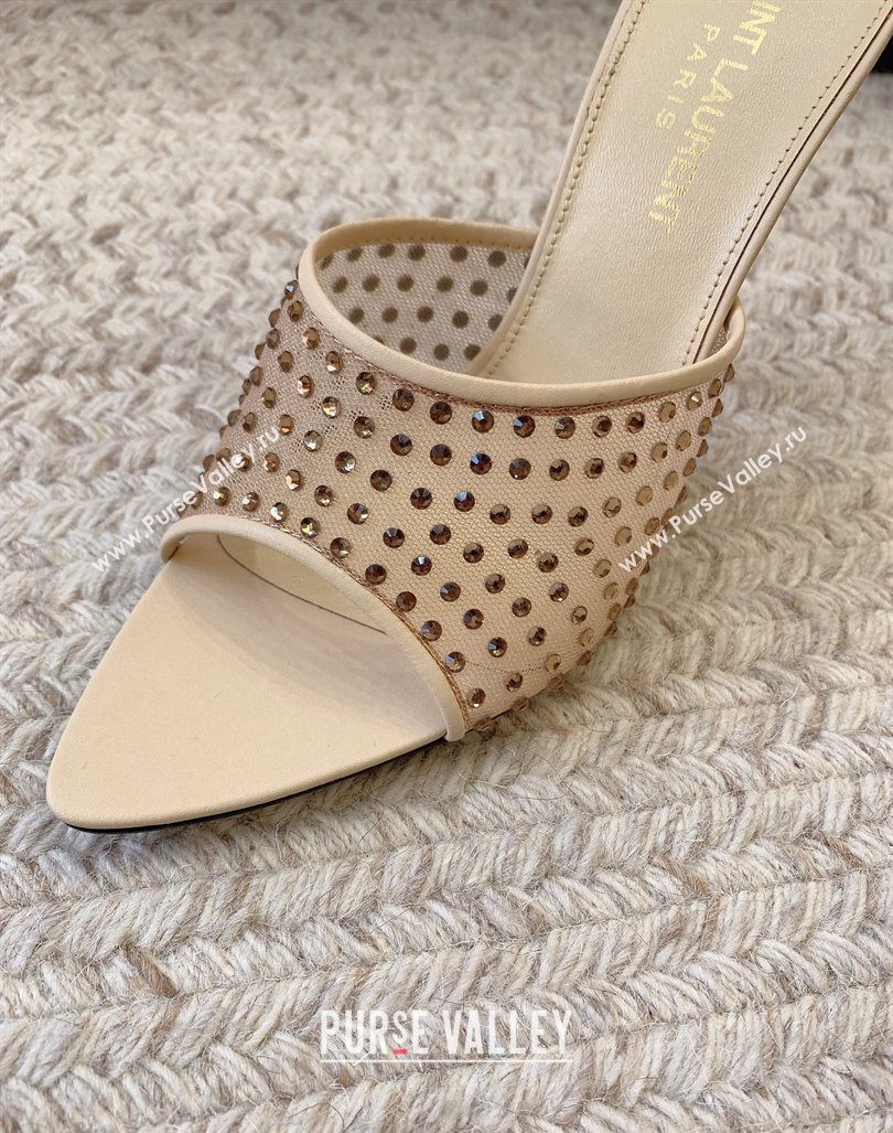 Saint Laurent Heel 11cm blonde mules in rhinestones mesh 742450 beige 2024 (modeng-24032133)