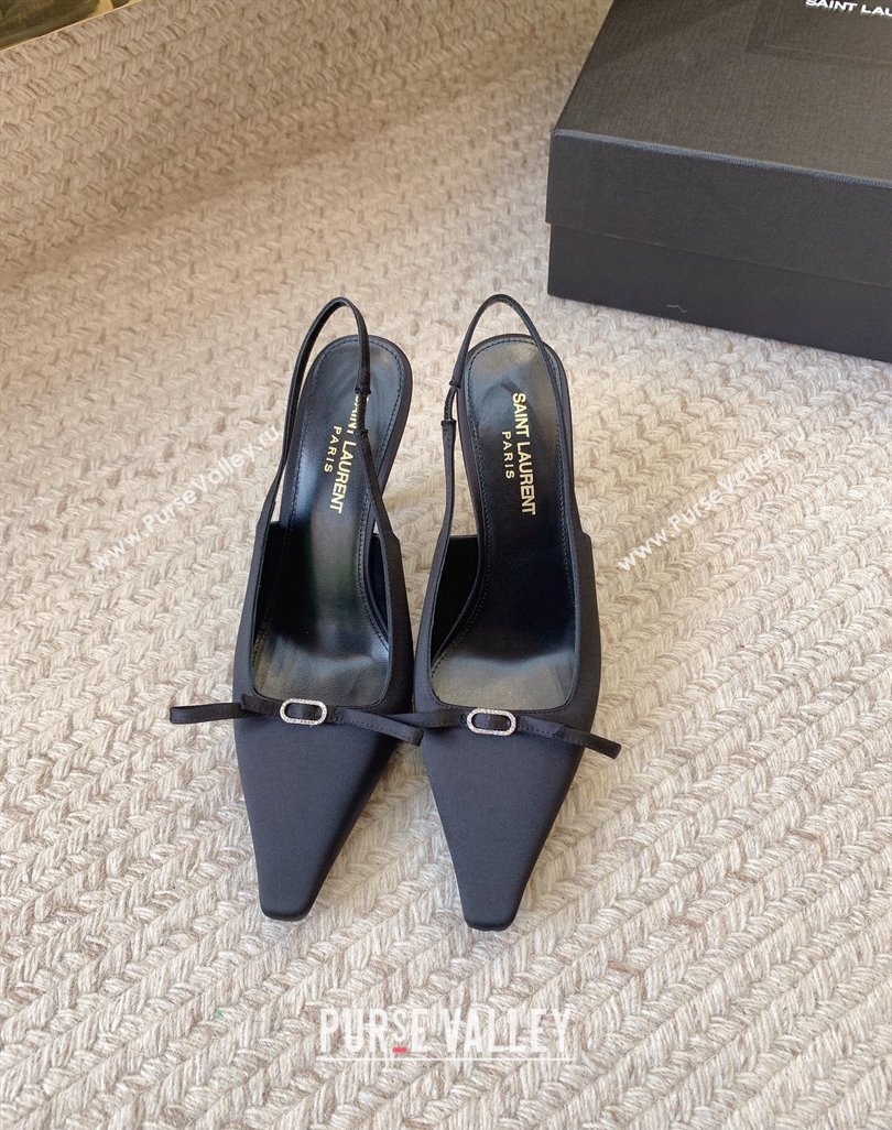 Saint Laurent Heel 9.5cm sadie slingback pumps in crepe de chine 763032 Black 2024 (modeng-24032156)