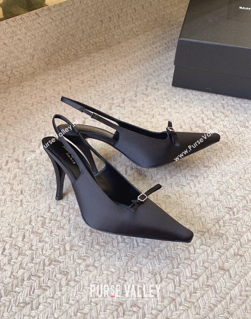 Saint Laurent Heel 9.5cm sadie slingback pumps in crepe de chine 763032 Black 2024 (modeng-24032156)