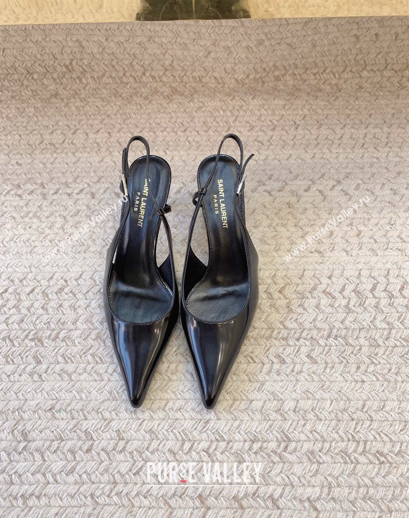 Saint Laurent Heel 6.5cm vendome slingback pumps in Glazed leather 755213 Black 2024 (modeng-24032150)