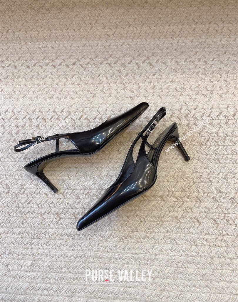 Saint Laurent Heel 6.5cm vendome slingback pumps in Glazed leather 755213 Black 2024 (modeng-24032150)