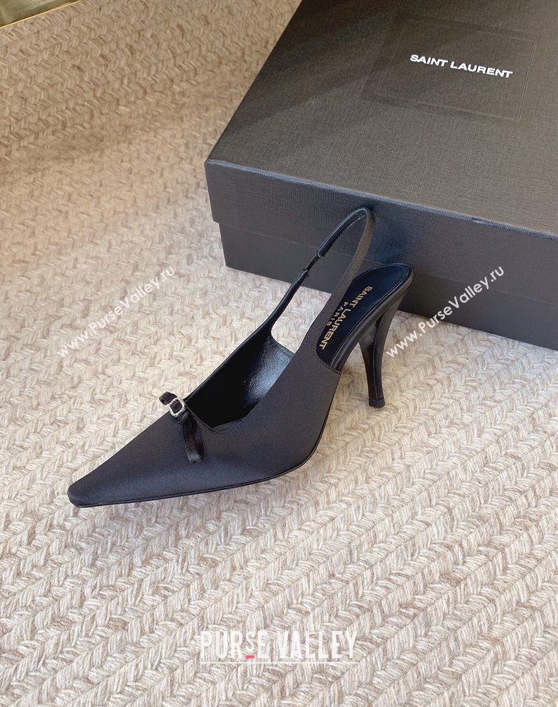 Saint Laurent Heel 9.5cm sadie slingback pumps in crepe de chine 763032 Black 2024 (modeng-24032156)