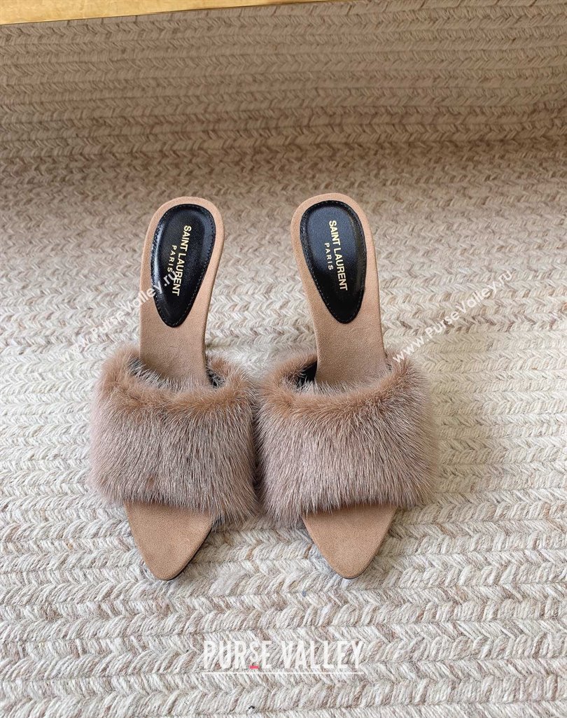 Saint Laurent Heel 10.5cm la 16 mules in animal-free fur and suede beige 2024 (modeng-24032131)