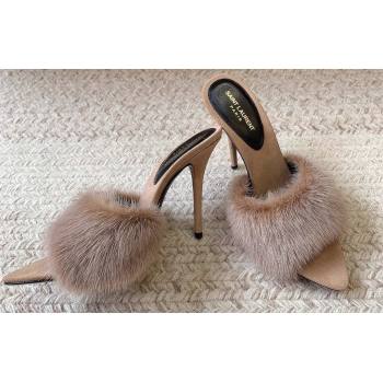 Saint Laurent Heel 10.5cm la 16 mules in animal-free fur and suede beige 2024 (modeng-24032131)