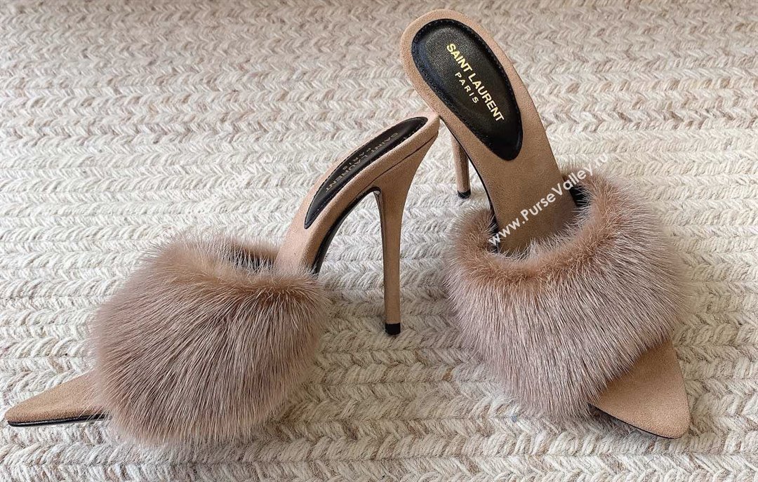 Saint Laurent Heel 10.5cm la 16 mules in animal-free fur and suede beige 2024 (modeng-24032131)