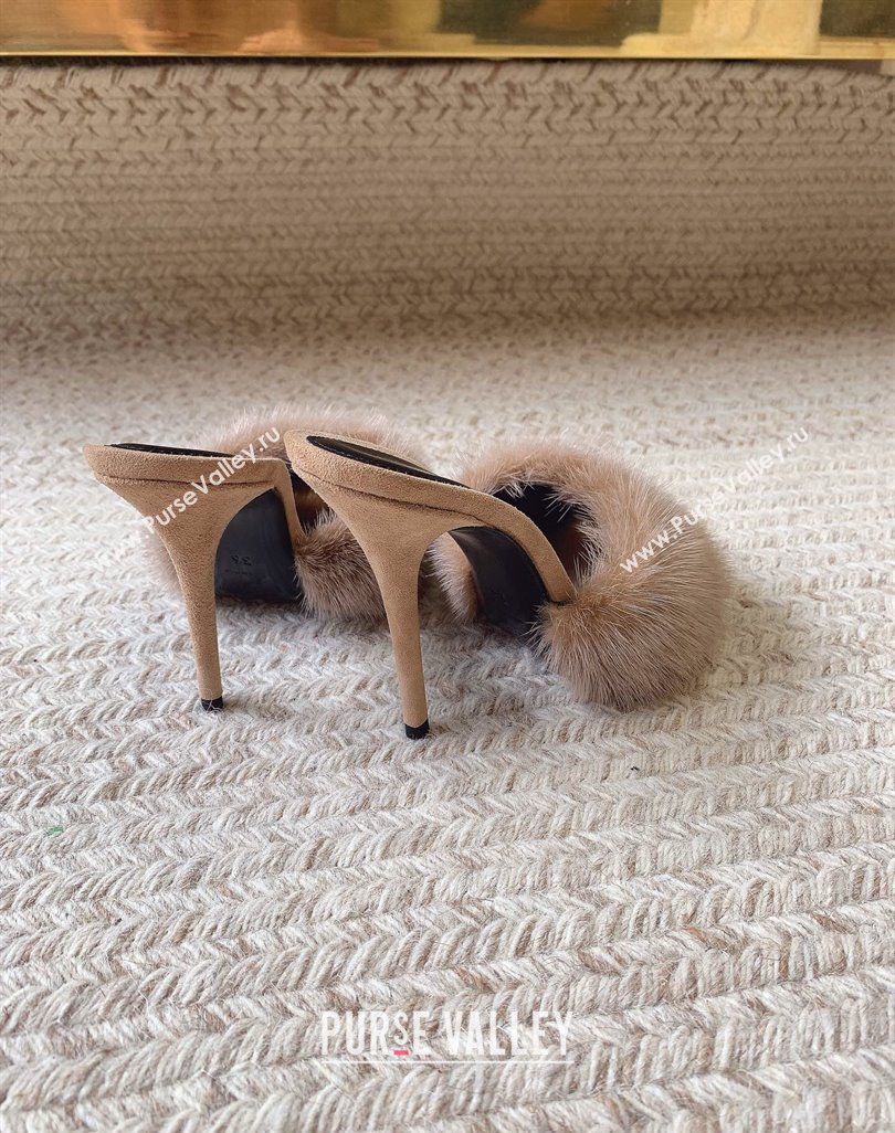 Saint Laurent Heel 10.5cm la 16 mules in animal-free fur and suede beige 2024 (modeng-24032131)