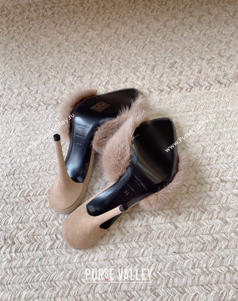 Saint Laurent Heel 10.5cm la 16 mules in animal-free fur and suede beige 2024 (modeng-24032131)