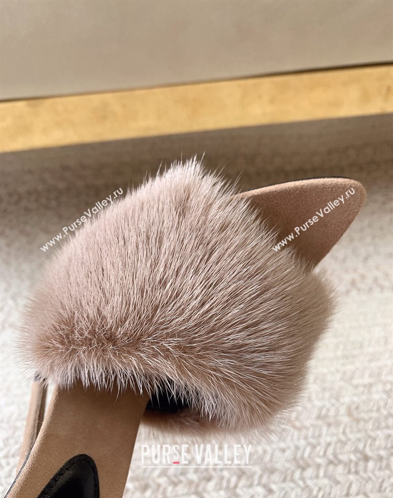 Saint Laurent Heel 10.5cm la 16 mules in animal-free fur and suede beige 2024 (modeng-24032131)