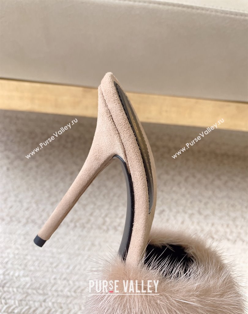 Saint Laurent Heel 10.5cm la 16 mules in animal-free fur and suede beige 2024 (modeng-24032131)