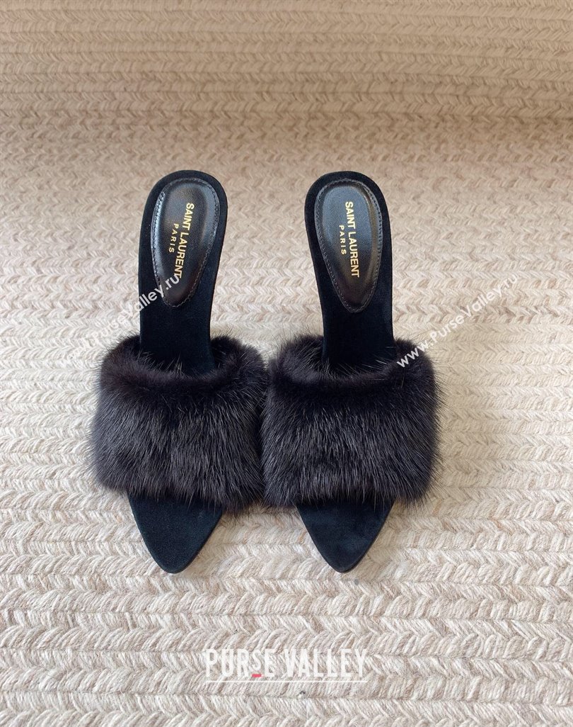 Saint Laurent Heel 10.5cm la 16 mules in animal-free fur and suede black 2024 (modeng-24032130)