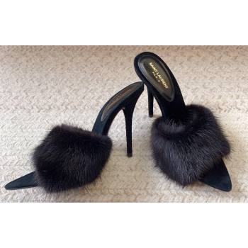 Saint Laurent Heel 10.5cm la 16 mules in animal-free fur and suede black 2024 (modeng-24032130)