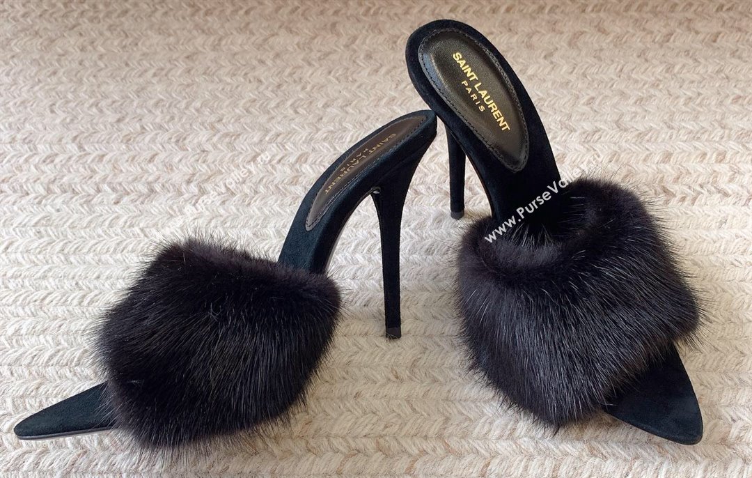 Saint Laurent Heel 10.5cm la 16 mules in animal-free fur and suede black 2024 (modeng-24032130)