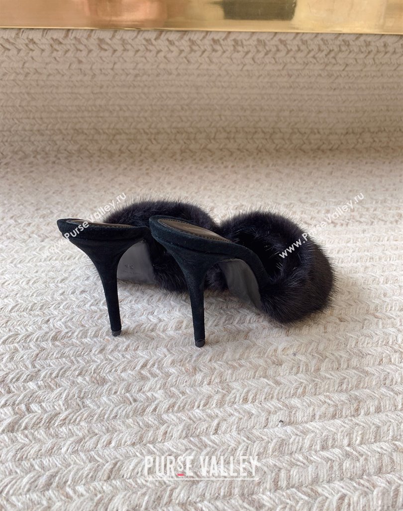 Saint Laurent Heel 10.5cm la 16 mules in animal-free fur and suede black 2024 (modeng-24032130)