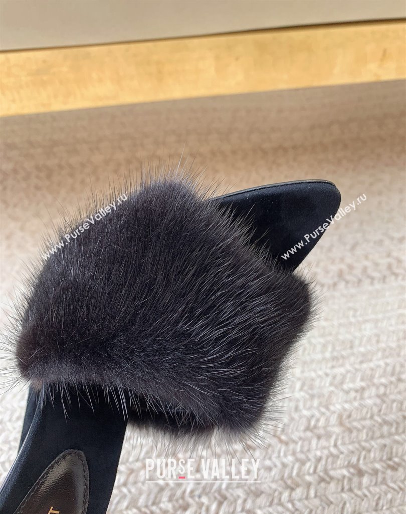 Saint Laurent Heel 10.5cm la 16 mules in animal-free fur and suede black 2024 (modeng-24032130)