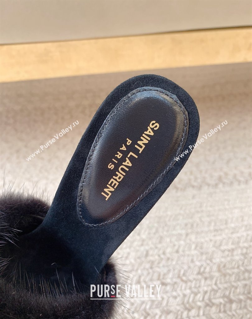 Saint Laurent Heel 10.5cm la 16 mules in animal-free fur and suede black 2024 (modeng-24032130)