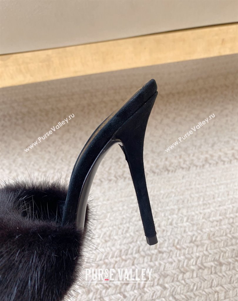 Saint Laurent Heel 10.5cm la 16 mules in animal-free fur and suede black 2024 (modeng-24032130)