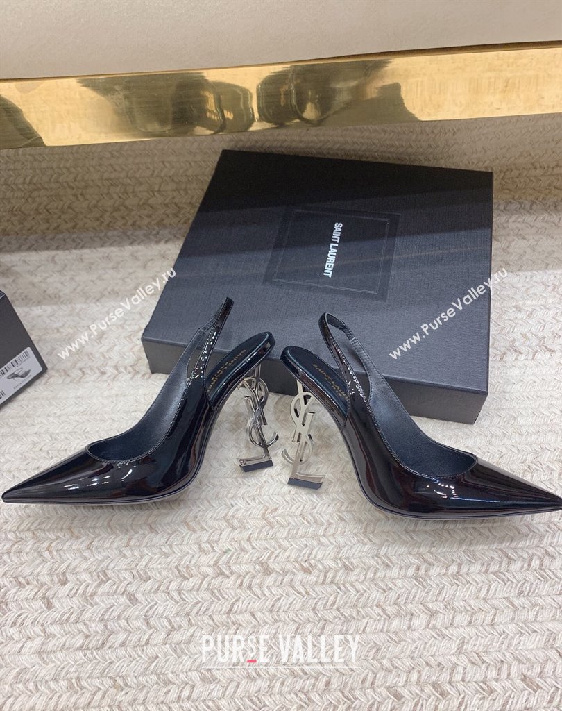 Saint Laurent Heel 10.5cm Opyum slingback Pumps in patent leather Black/Silver (modeng-24032202)