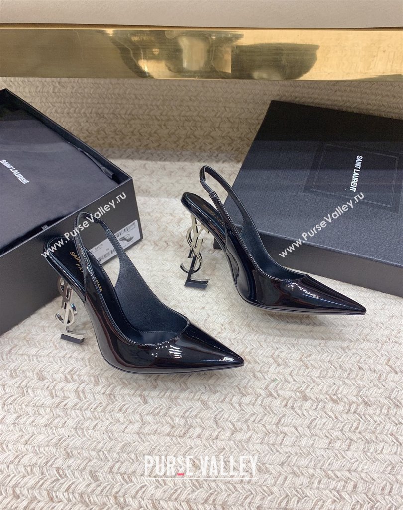 Saint Laurent Heel 10.5cm Opyum slingback Pumps in patent leather Black/Silver (modeng-24032202)