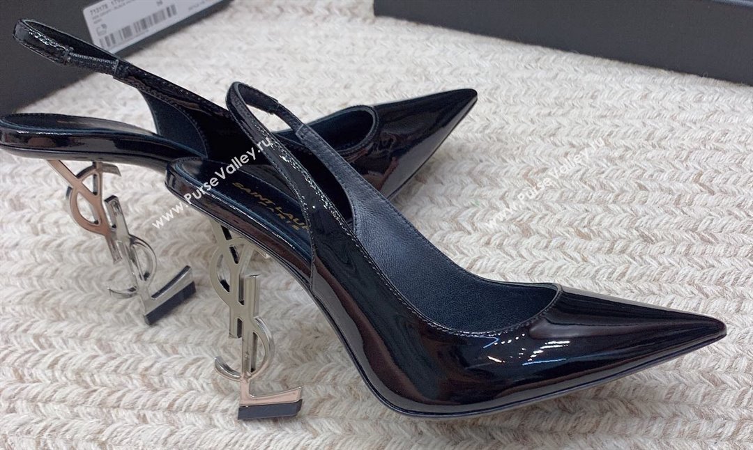 Saint Laurent Heel 10.5cm Opyum slingback Pumps in patent leather Black/Silver (modeng-24032202)