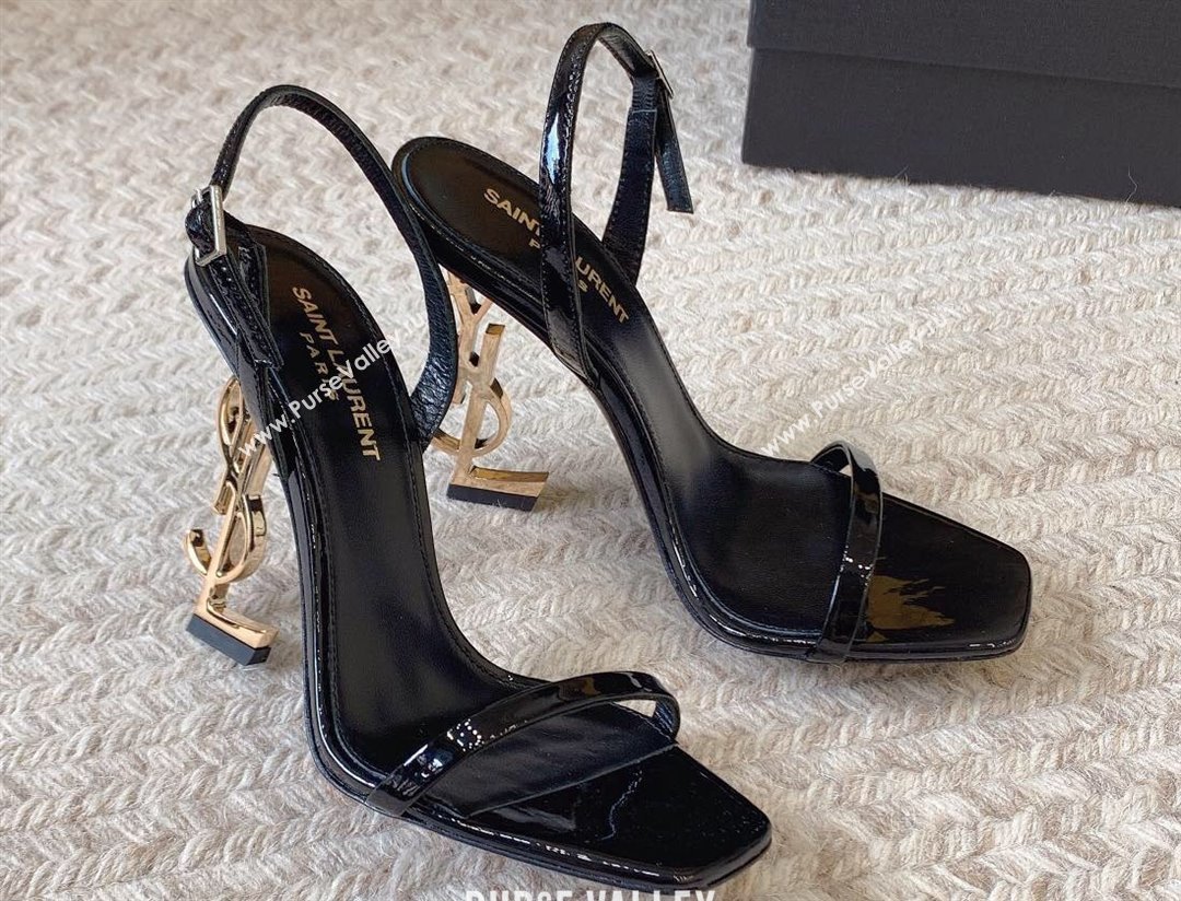 Saint Laurent Heel 10.5cm Opyum slingback sandals in patent leather 754880 Black/Gold (modeng-24032248)