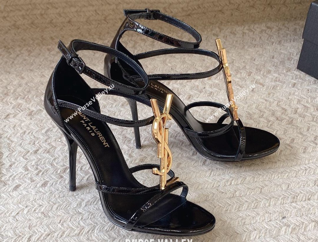 Saint Laurent Heel 10cm cassandra Multi-strap sandals Patent Black/Gold 2024 (modeng-24032118)