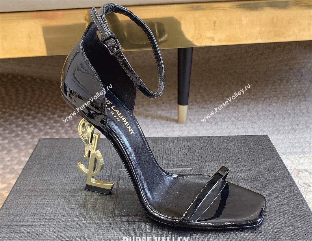 Saint Laurent Heel 10.5cm Opyum sandals in patent leather 557662 Black/Gold (modeng-24032227)