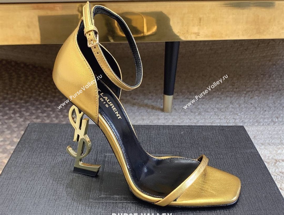 Saint Laurent Heel 10.5cm Opyum sandals in leather 557662 Gold (modeng-24032233)