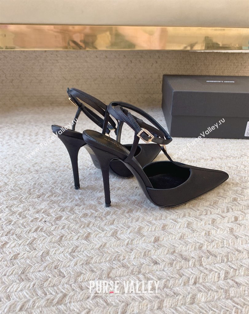 Saint Laurent Heel 11cm Luna Slingback Pumps In Crepe Satin Black 2024 (modeng-24032164)