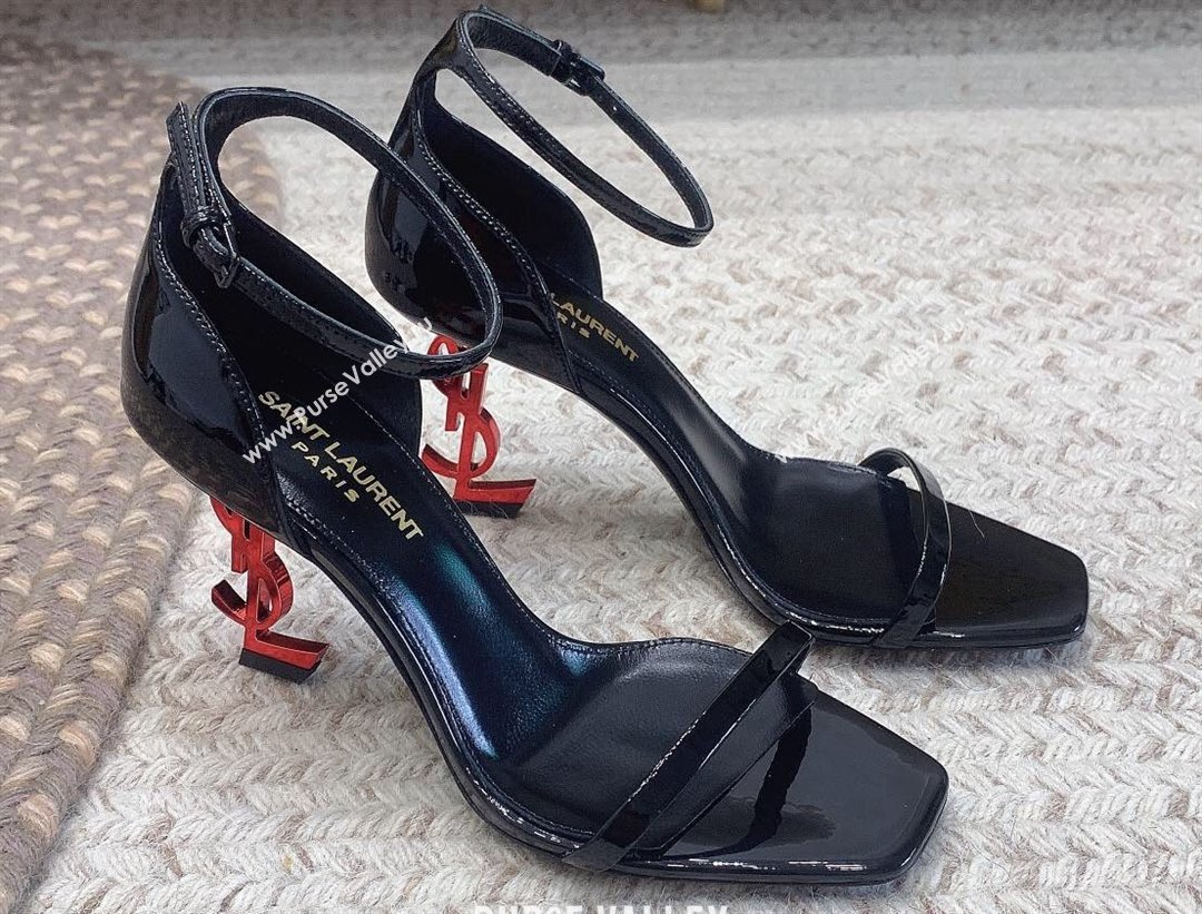 Saint Laurent Heel 8.5cm Opyum sandals in patent leather 557679 Black/Red (modeng-24032239)