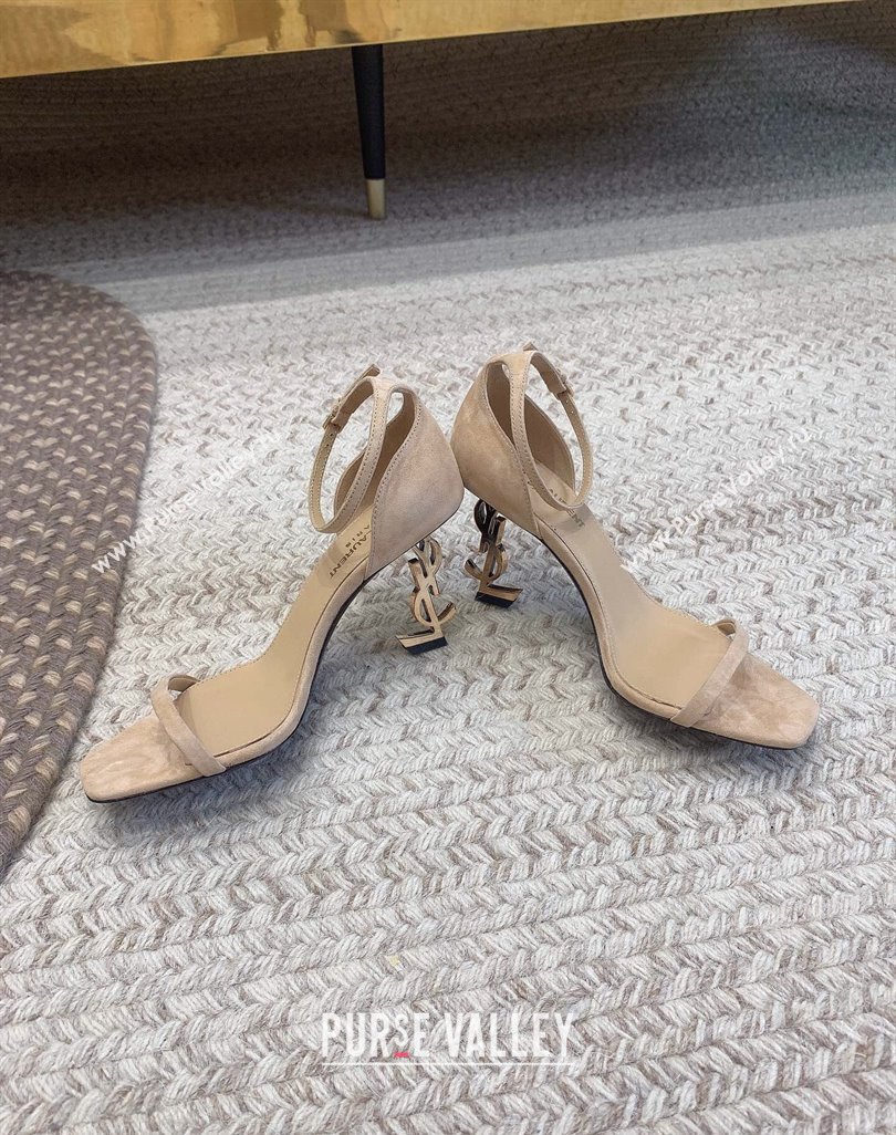 Saint Laurent Heel 8.5cm Opyum sandals in Suede leather 557679 Beige (modeng-24032244)