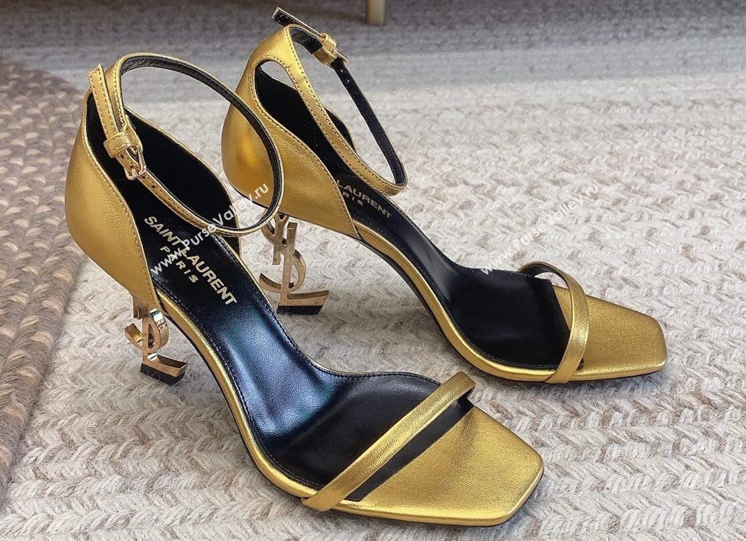 Saint Laurent Heel 8.5cm Opyum sandals in leather 557679 Gold (modeng-24032243)