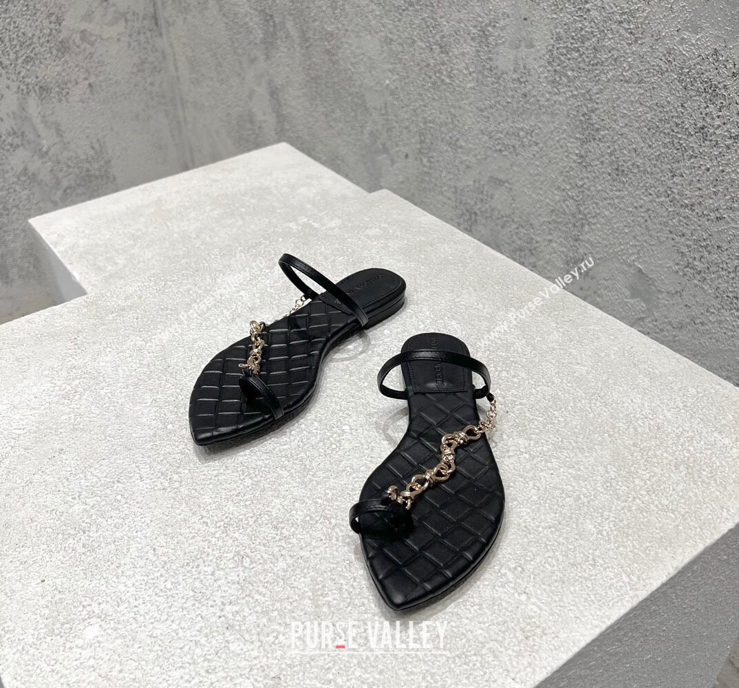 Bottega Veneta Leaf Flat Thong Sandals Black with signature knot chain embellishment 2024 (modeng-24032673)