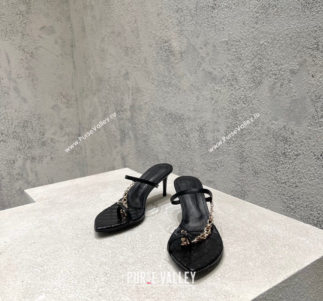 Bottega Veneta Heel 6.5cm Leaf Thong Sandals Black with signature knot chain embellishment 2024 (modeng-24032671)