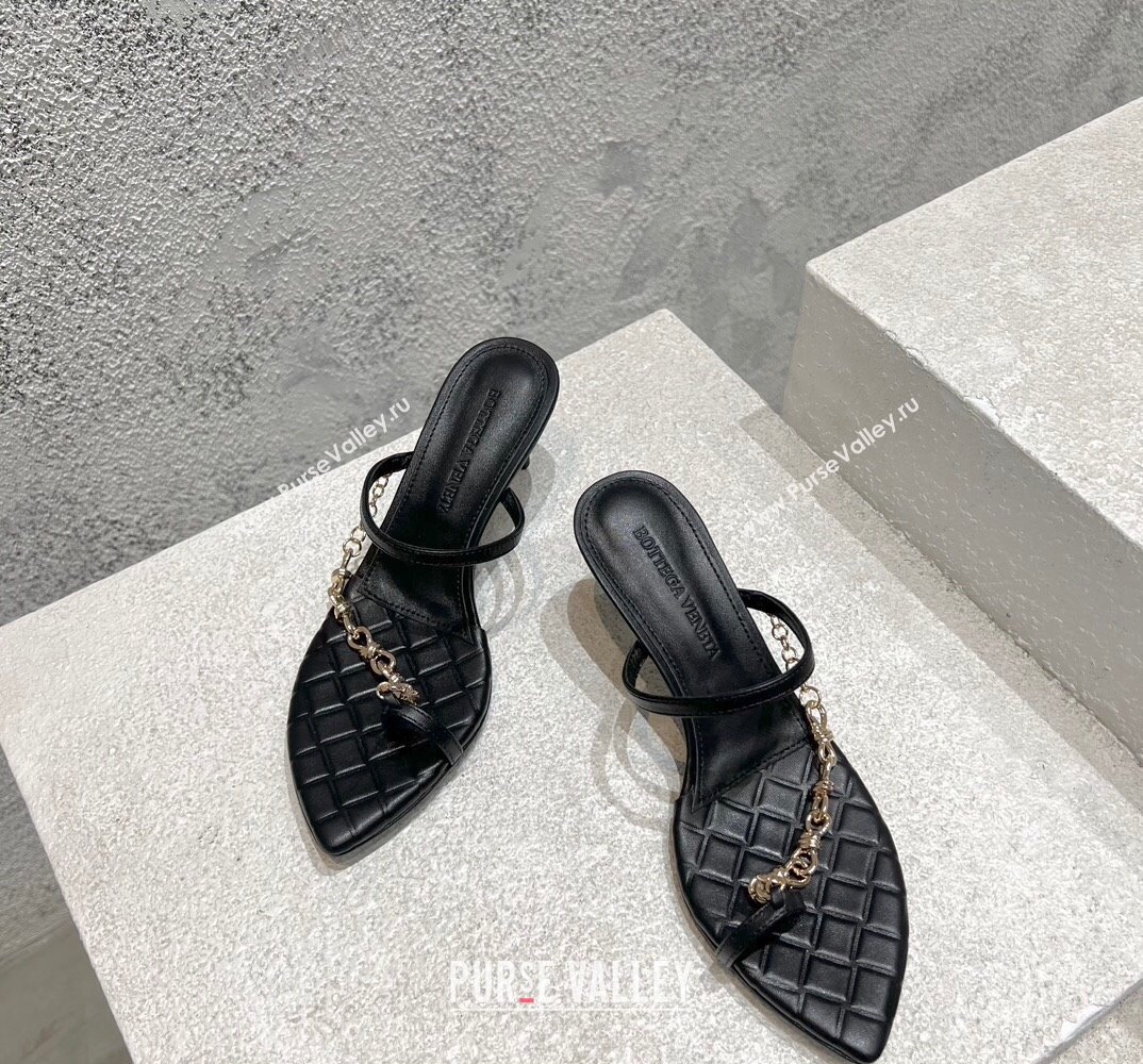 Bottega Veneta Heel 6.5cm Leaf Thong Sandals Black with signature knot chain embellishment 2024 (modeng-24032671)