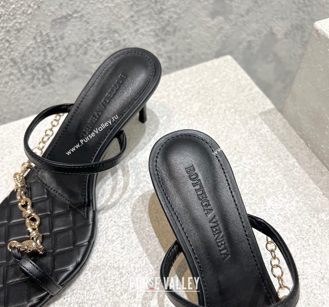 Bottega Veneta Heel 6.5cm Leaf Thong Sandals Black with signature knot chain embellishment 2024 (modeng-24032671)