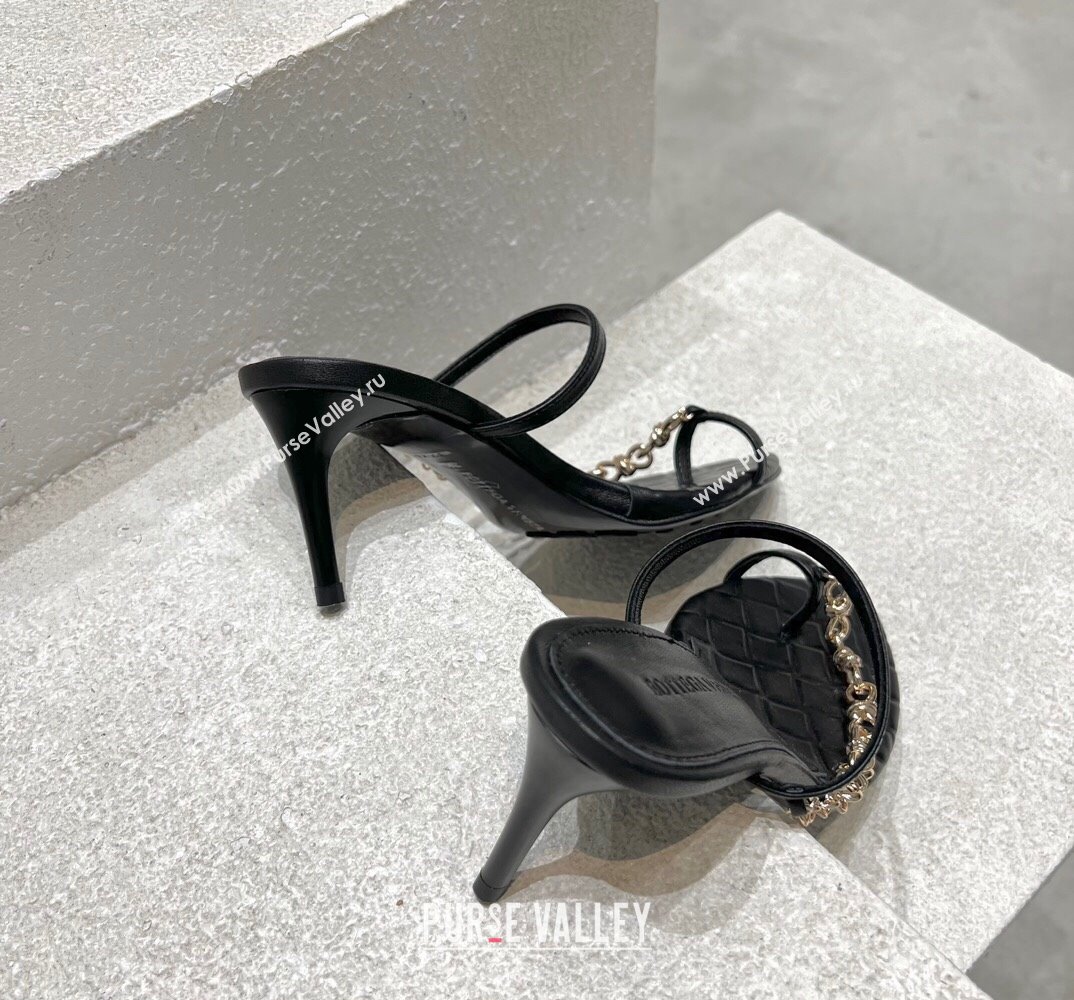 Bottega Veneta Heel 6.5cm Leaf Thong Sandals Black with signature knot chain embellishment 2024 (modeng-24032671)