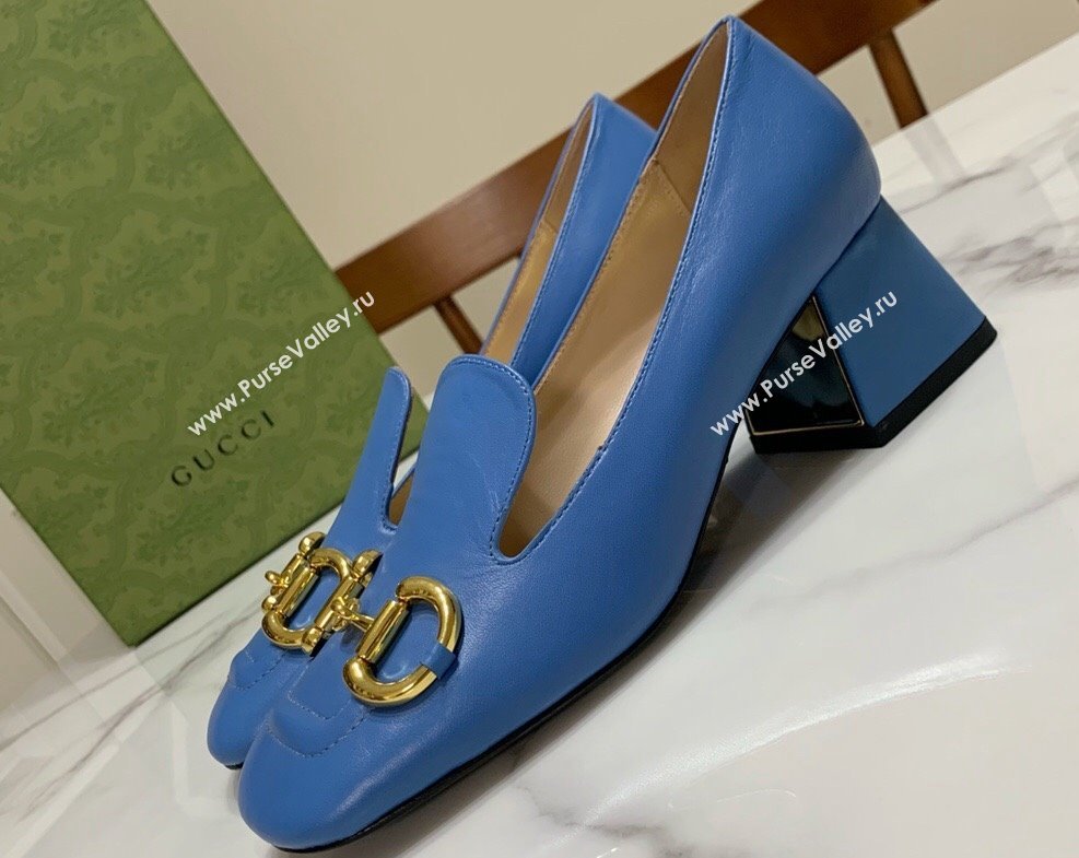 Gucci Heel 5.5cm Pumps with Horsebit in leather Blue (modeng-24032635)