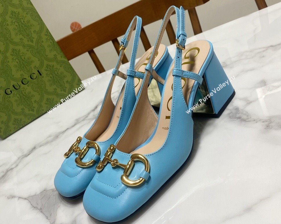 Gucci Heel 2.5cm/5.5cm/7.5cm slingbacks with Horsebit in leather Sky Blue (modeng-24032655)